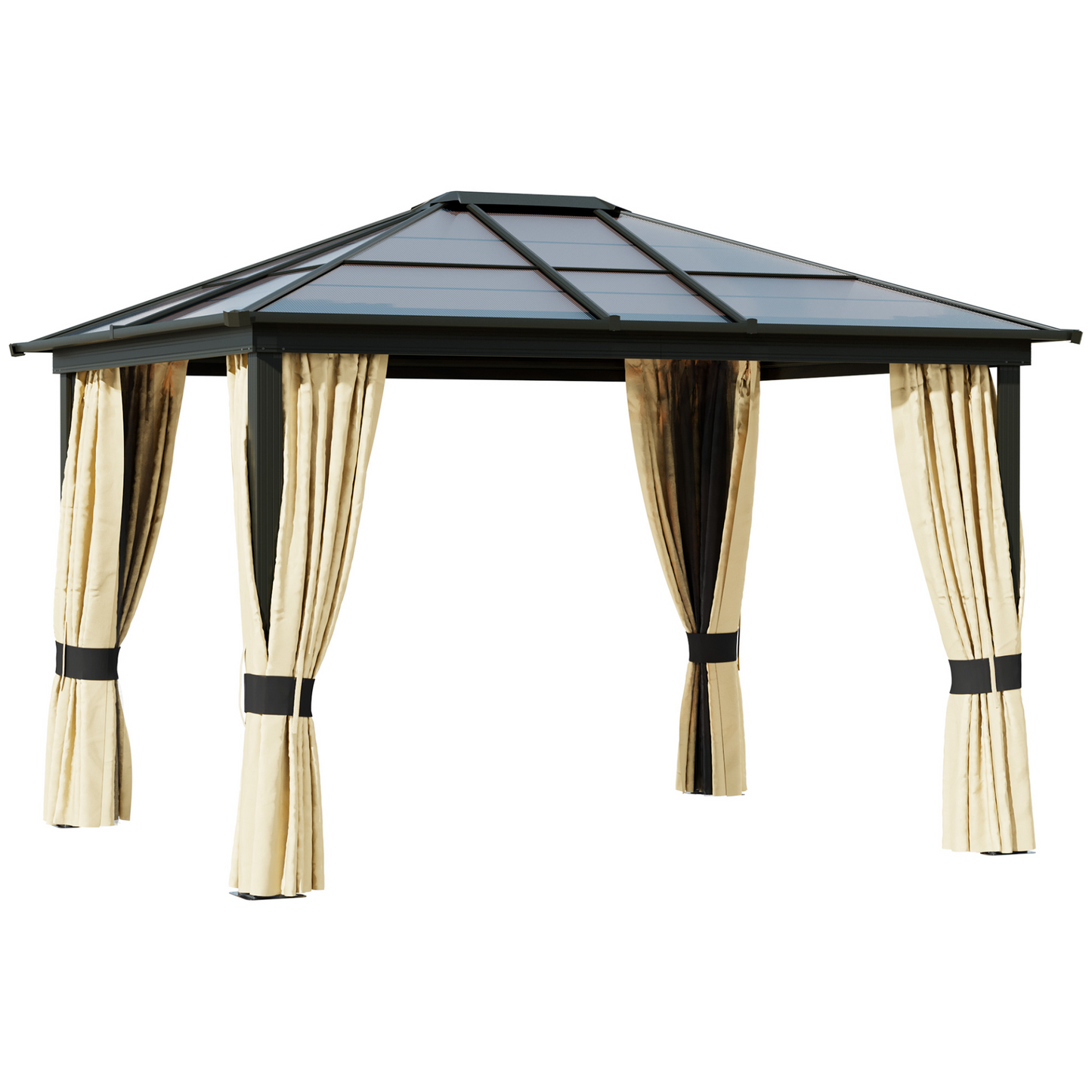 Outsunny 3.6 x 3(m) Polycarbonate Hardtop Gazebo with LED Solar Light and Aluminium Frame, Garden Pavilion with Mosquito Netting and Curtains