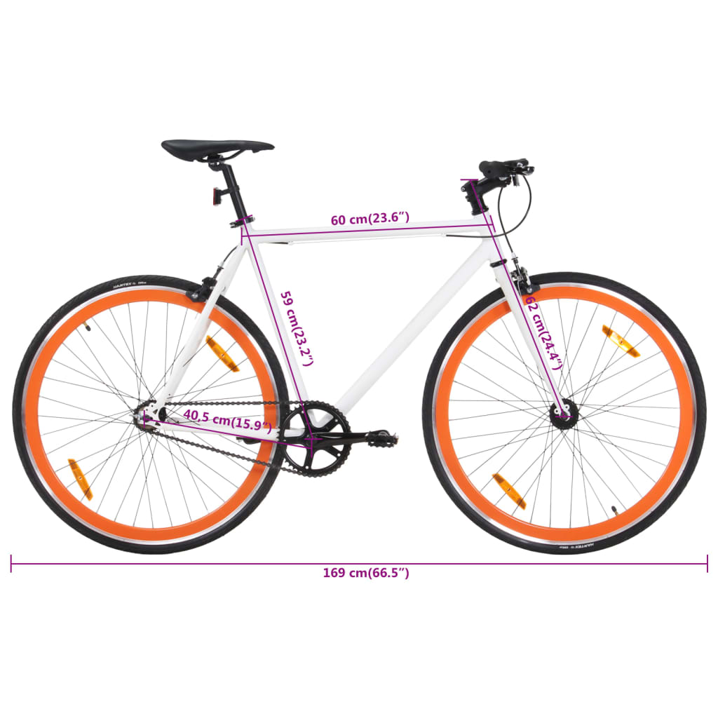 vidaXL Fixed Gear Bike - Lightweight White & Orange 700c Single Speed Bicycle - 59 cm Frame