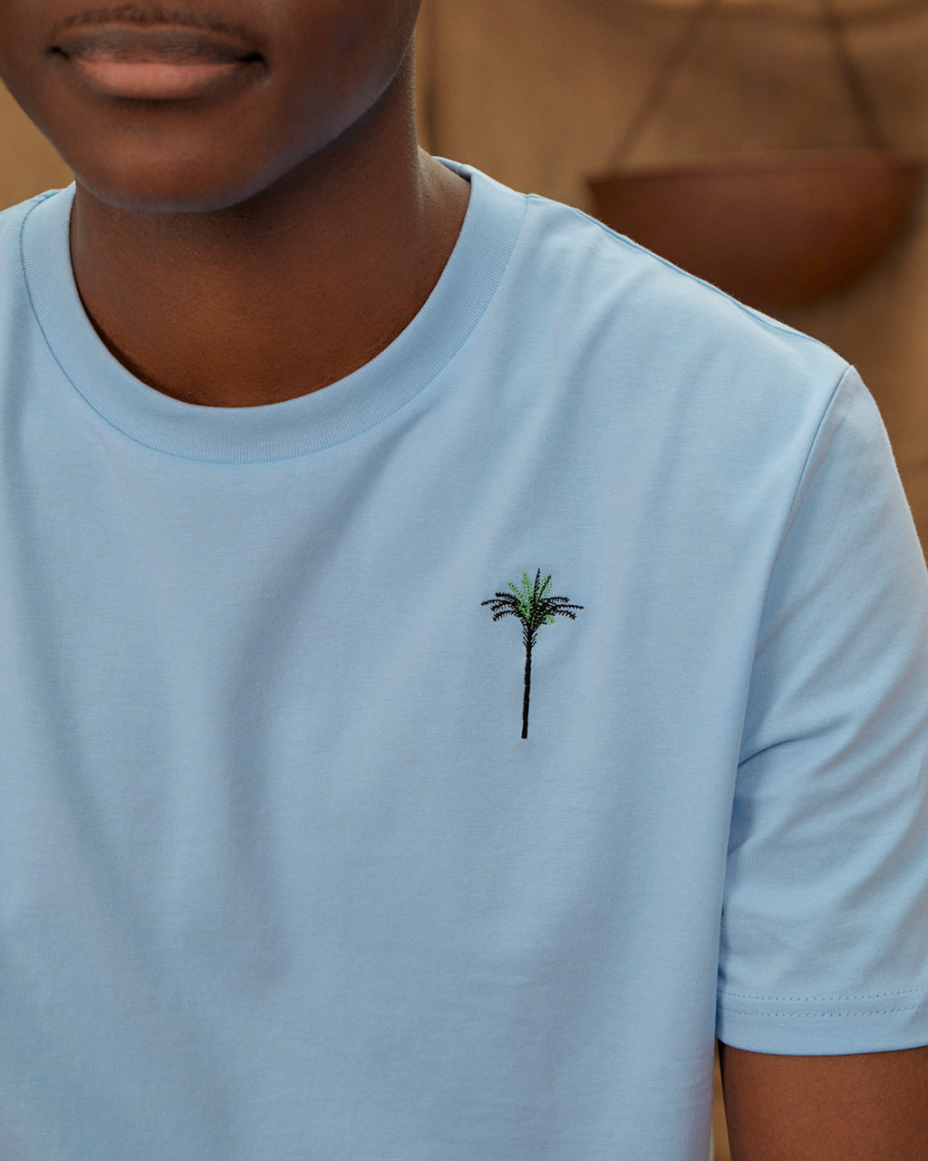 Palm Embroidered Organic Cotton T-Shirt - Soft Blue | Sustainable Fashion Tee